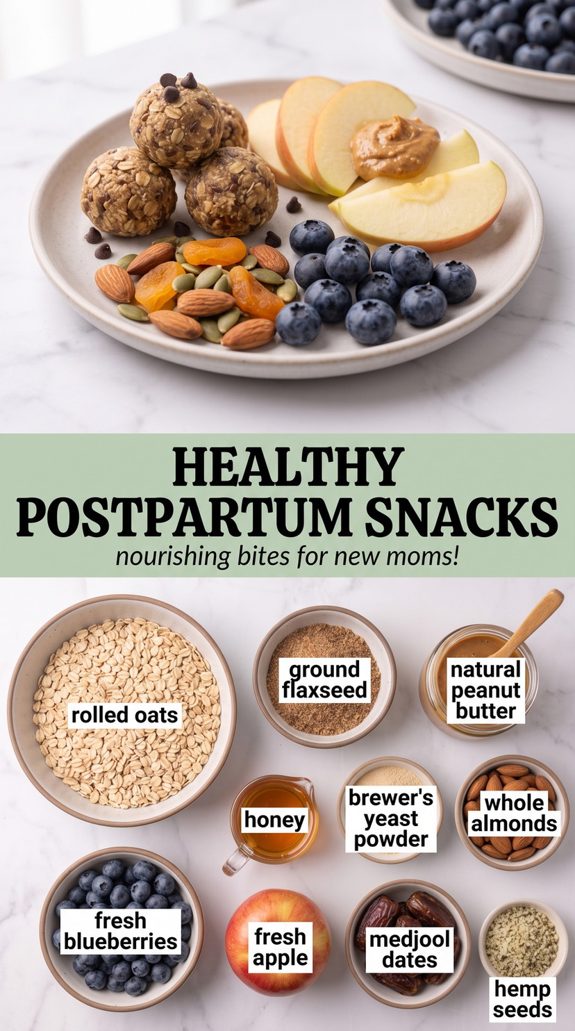 Healthy Postpartum Snacks showing a postpartum snack plate with oat bites, apple, blueberries, almonds and nut butter