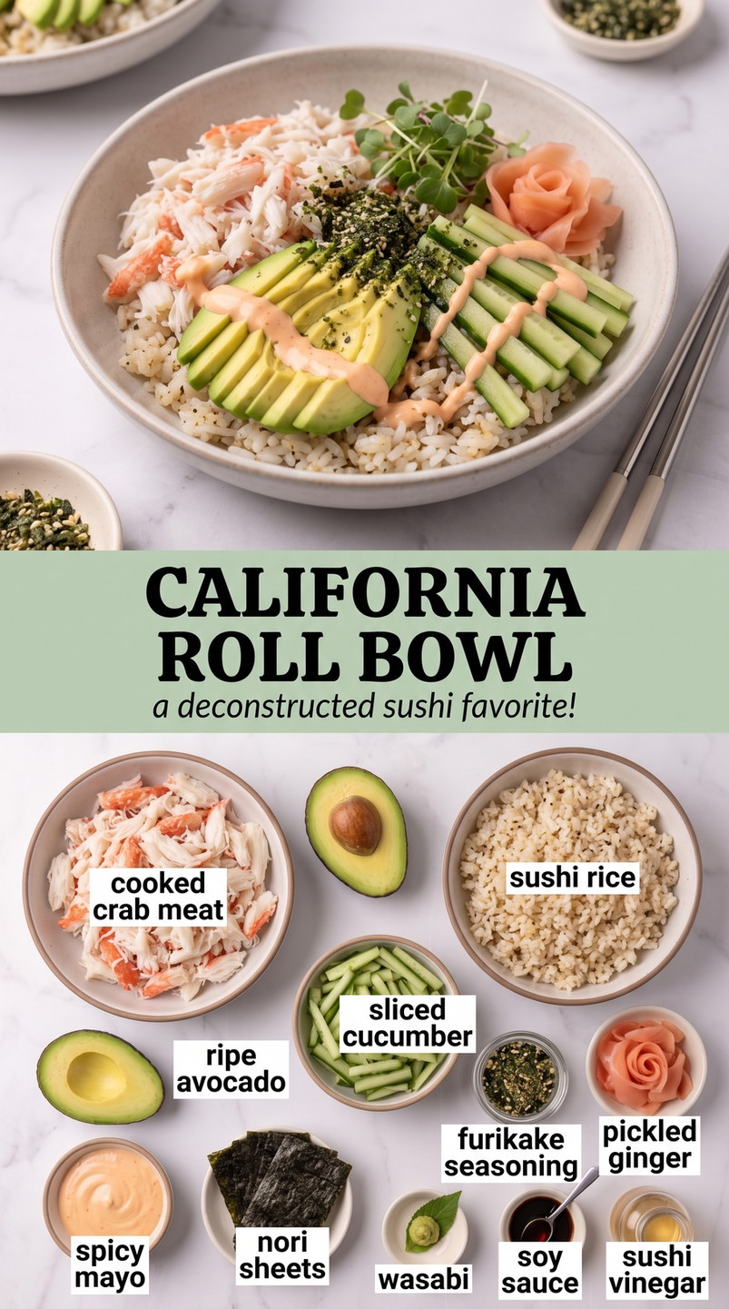 California Roll Bowl showing rice, imitation crab, avocado, cucumber, nori, ginger, furikake, and spicy mayonnaise