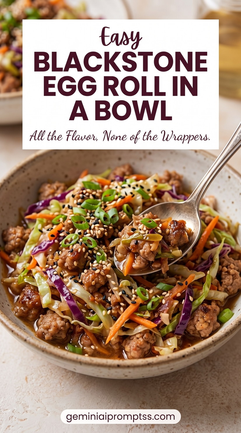 Blackstone Egg Roll in a Bowl showing ground pork with cabbage, carrots, onion, ginger, garlic, scallions, sesame, and savory sauce