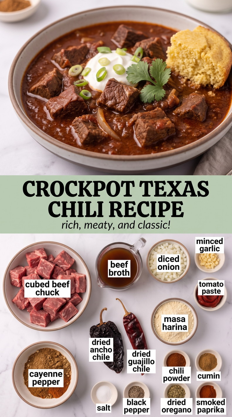 Crockpot Texas Chili Recipe with bean-free Texas chili with beef chuck, dried chiles, cumin, and a thick red sauce