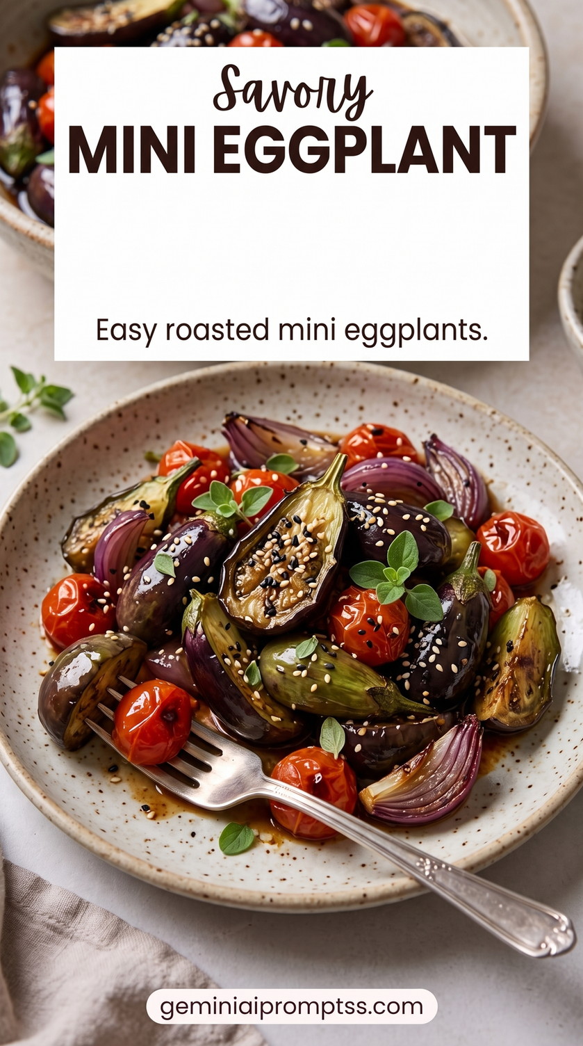 Roasted Mini Eggplant with Tomatoes and Red Onion showing roasted mini eggplants with cherry tomatoes, red onion, herbs, and sesame