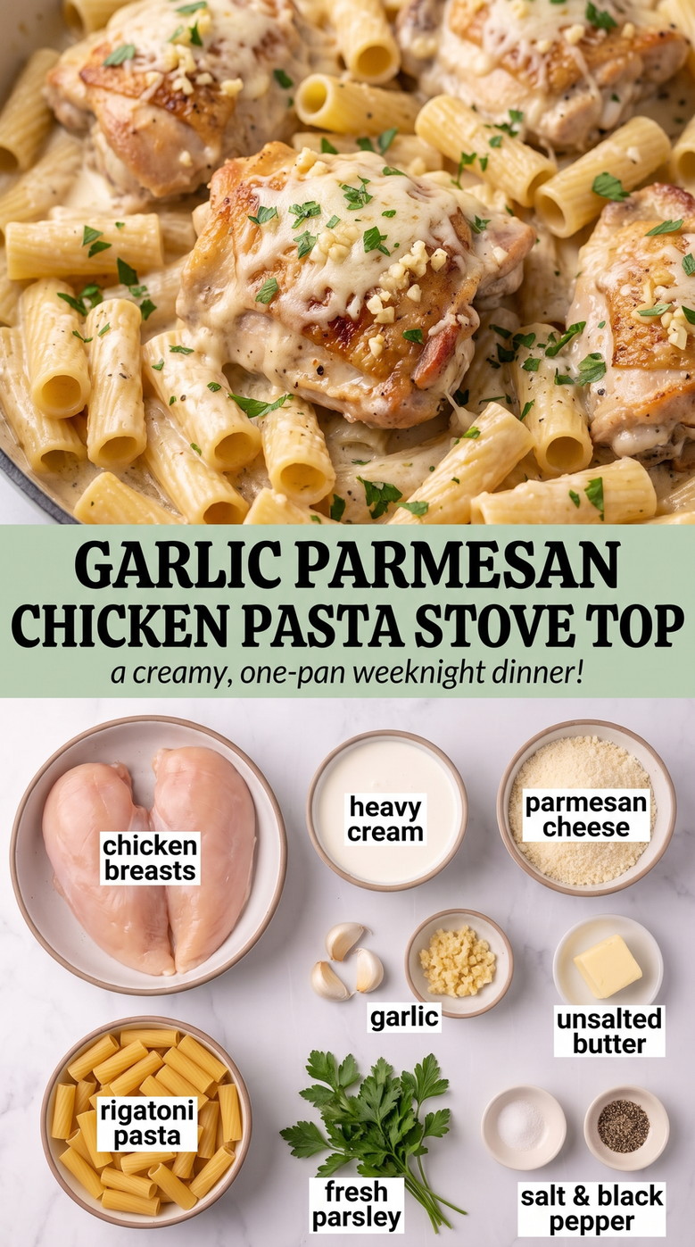 Stovetop Garlic Parmesan Chicken Pasta - creamy chicken pasta coated in garlic Parmesan sauce