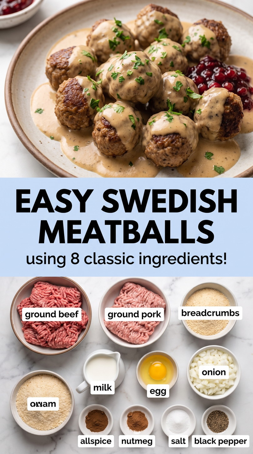 Easy Swedish meatballs finished dish made with ground beef, ground pork, and breadcrumbs