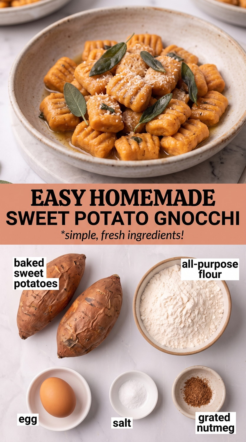 Sweet potato gnocchi recipe finished dish made with baked sweet potatoes, all-purpose flour, and egg
