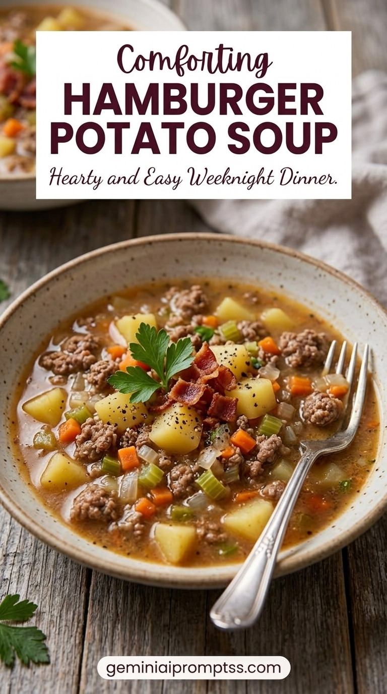 Hamburger Potato Soup showing a brothy hamburger potato soup with ground beef, diced potatoes, carrots, celery, bacon, and parsley