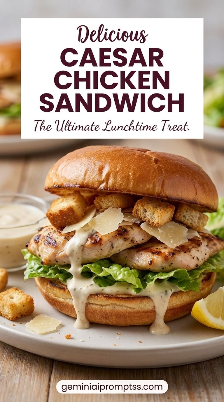 Caesar Chicken Sandwich with golden chicken, crisp romaine, Parmesan, creamy Caesar-style dressing, and crunchy elements such as croutons or toasted bread