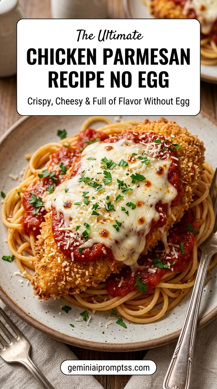 Chicken Parmesan Recipe No Egg finished dish with marinara sauce, melted cheese
