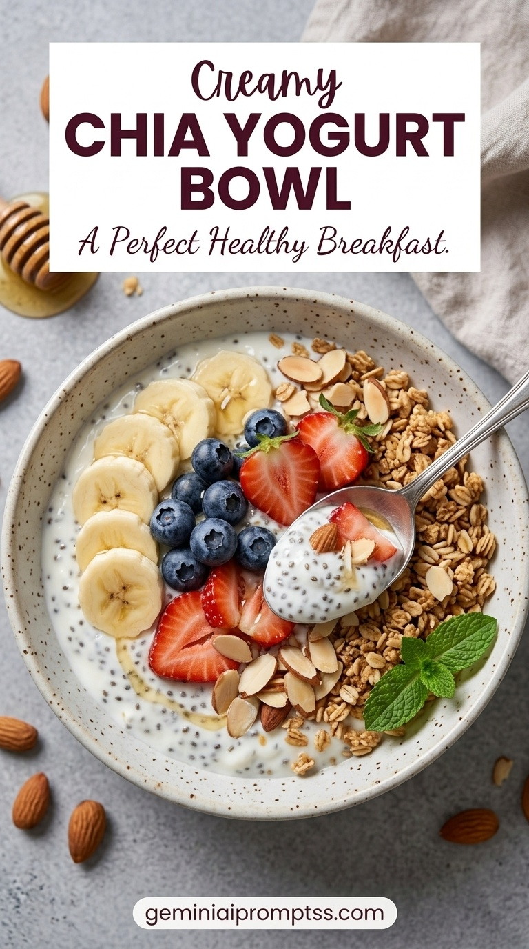 Chia Yogurt Bowl showing chia-thickened Greek yogurt with banana, berries, granola, almonds, and mint