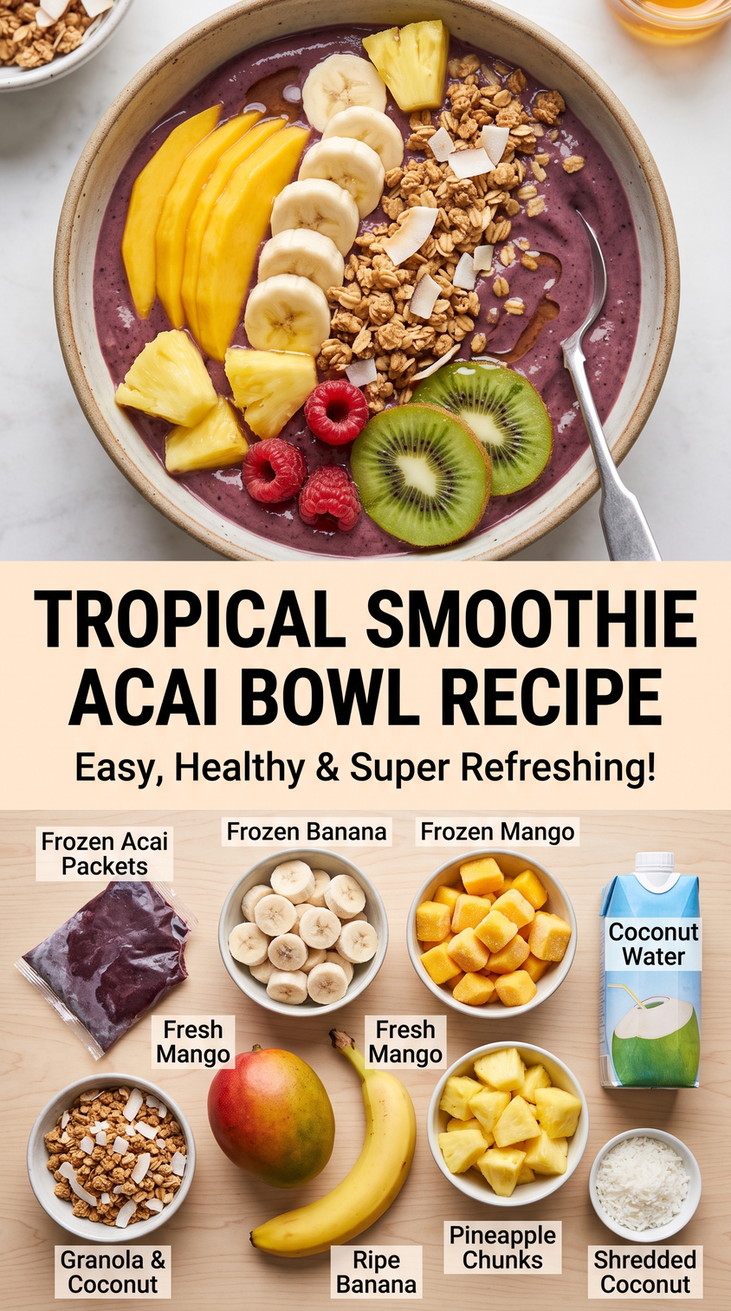 Tropical Smoothie Acai Bowl Recipe with Tropical Smoothie-style acai with banana, mango, pineapple, coconut water, granola, and coconut