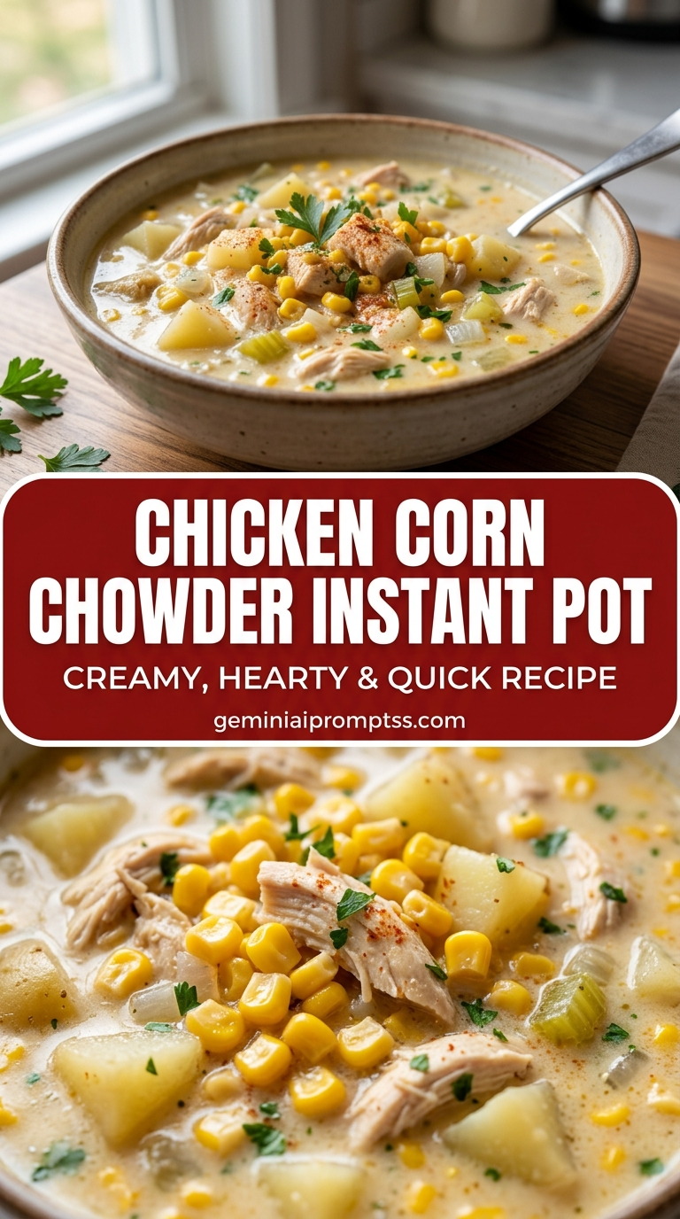 Chicken corn chowder Instant Pot with bite-size chicken pieces with browned edges, glossy sauce, and fresh garnish