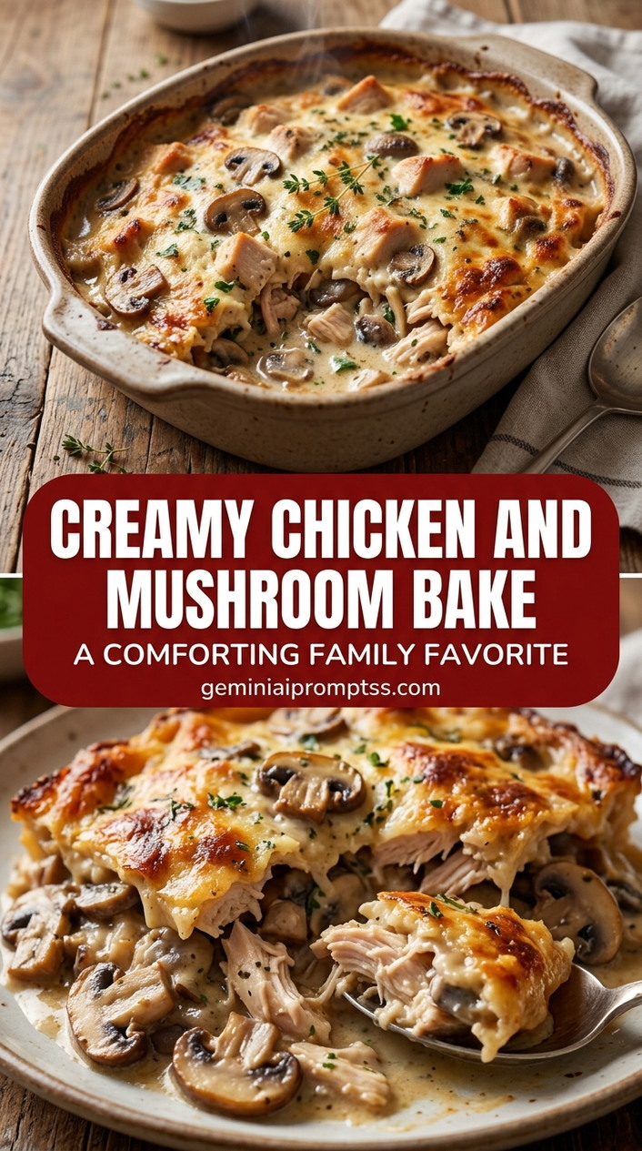 Creamy chicken and mushroom bake with tender chicken and silky mushroom cream sauce
