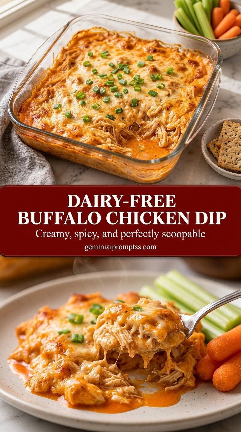 Dairy-free buffalo chicken dip with creamy buffalo sauce chicken dip, melted dairy-free cheddar, and sesame seeds
