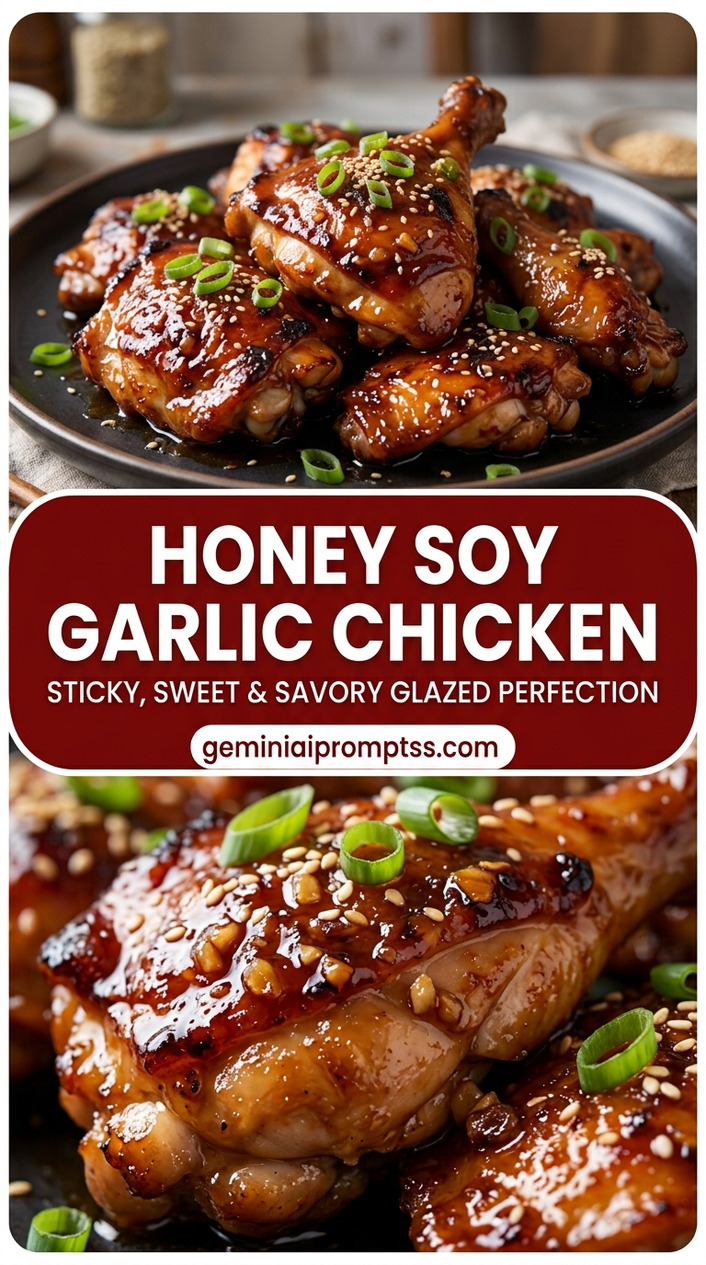 Honey soy garlic chicken with bite-size chicken pieces with browned edges, glossy sauce, and fresh garnish