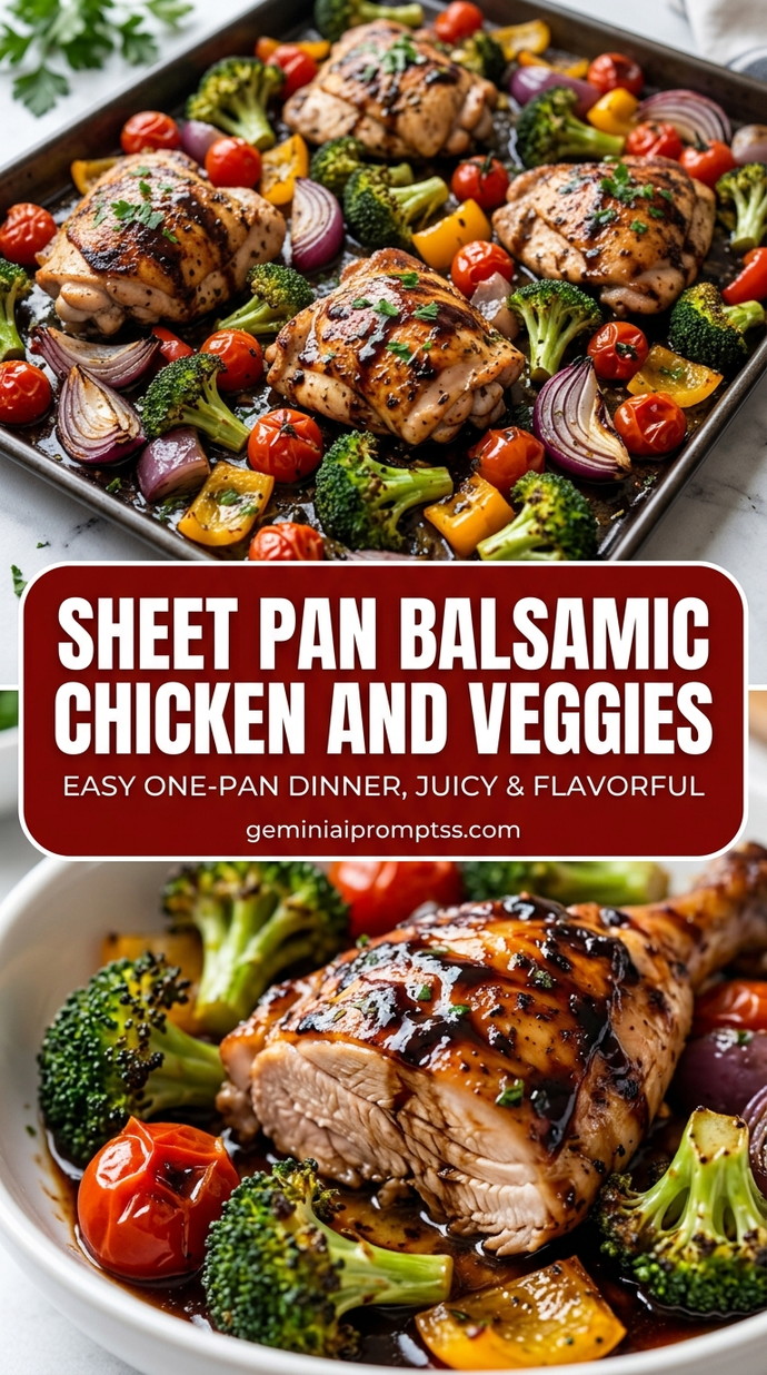 Sheet pan balsamic chicken and veggies with bite-size chicken pieces with browned edges, glossy sauce, and fresh garnish