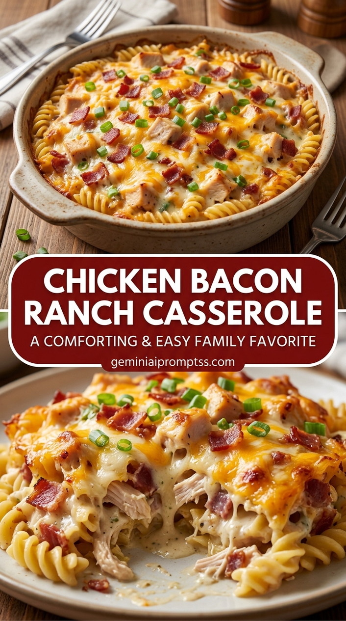 Chicken bacon ranch casserole with bite-size chicken pieces with browned edges, glossy sauce, and fresh garnish
