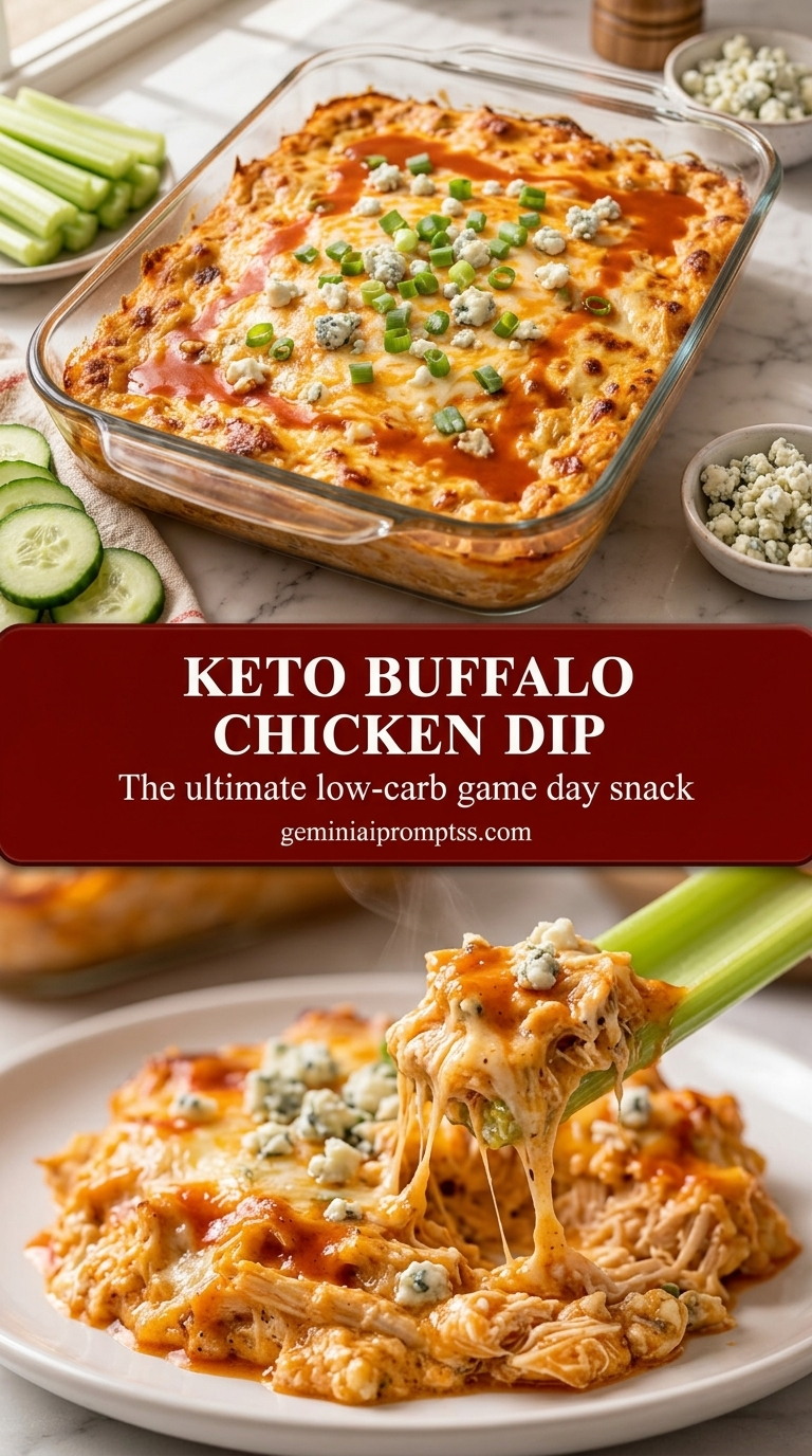 Keto buffalo chicken dip with creamy buffalo sauce chicken dip, melted cheddar, and bacon crumbles