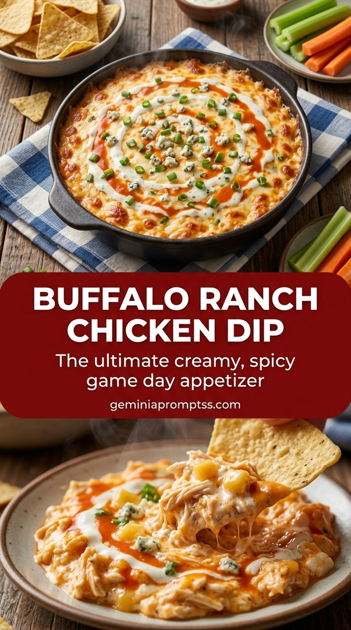 Buffalo ranch chicken dip with creamy buffalo sauce chicken dip, melted Monterey Jack, and ranch herbs