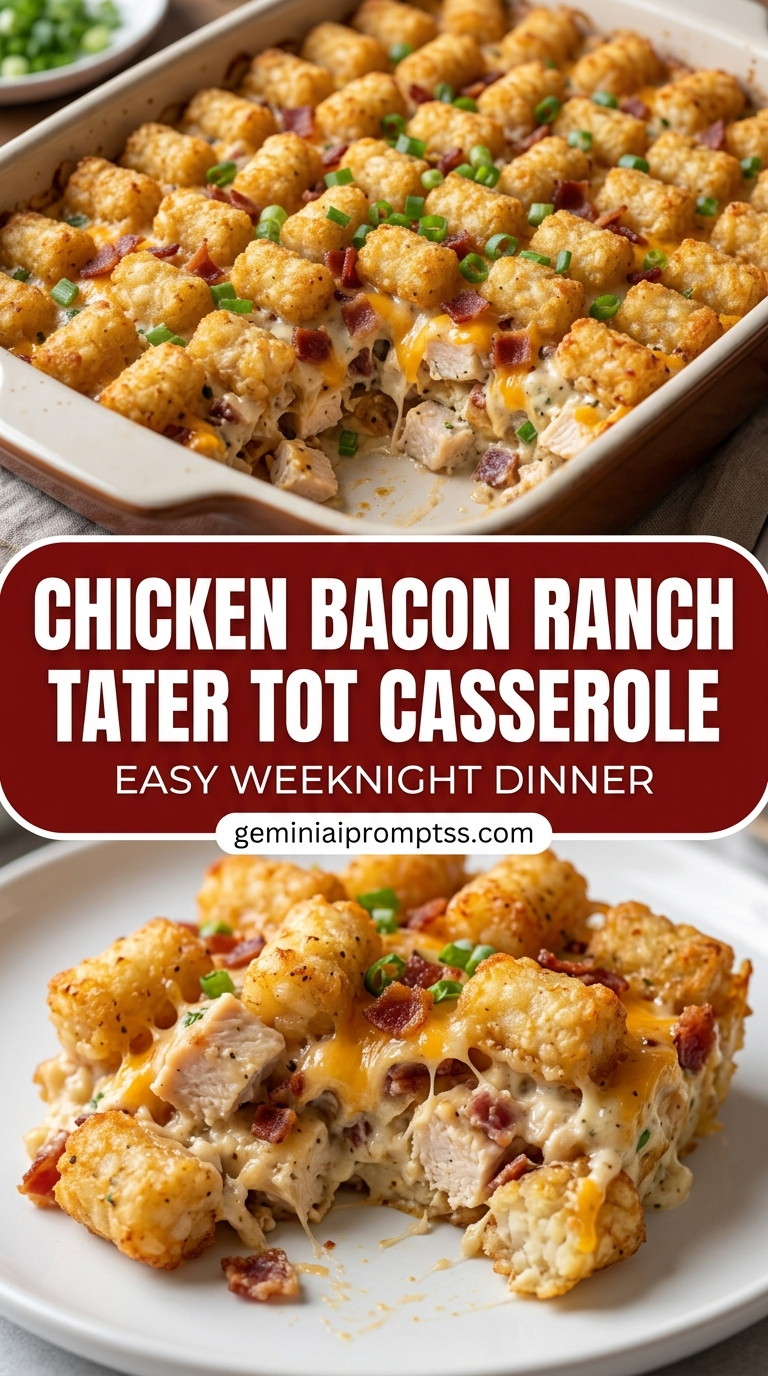 Chicken bacon ranch tater tot casserole with bite-size chicken pieces with browned edges, glossy sauce, and fresh garnish