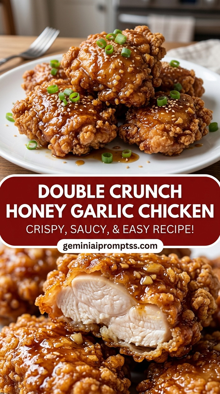 Double crunch honey garlic chicken with bite-size chicken pieces with browned edges, glossy sauce, and fresh garnish