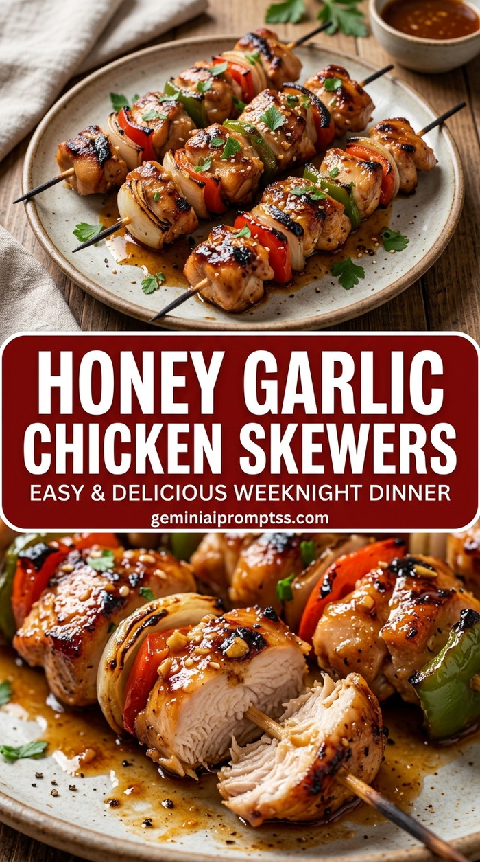 Honey garlic chicken skewers with bite-size chicken pieces with browned edges, glossy sauce, and fresh garnish