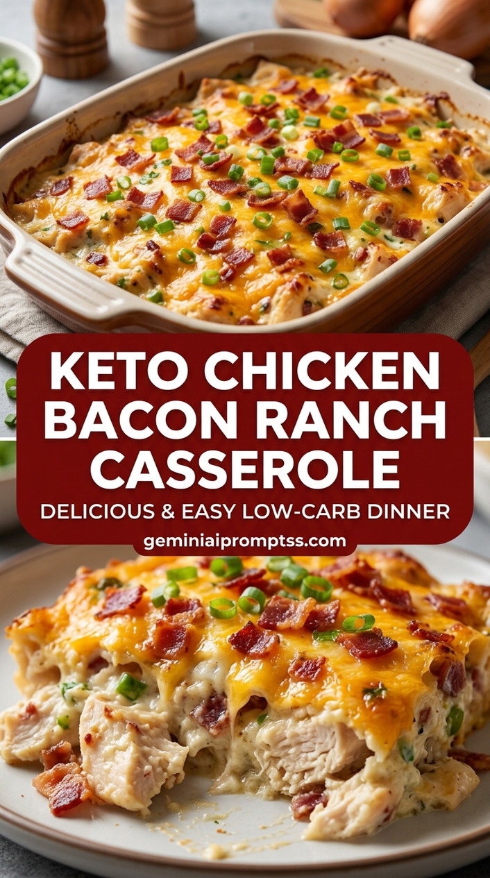 Keto chicken bacon ranch casserole with bite-size chicken pieces with browned edges, glossy sauce, and fresh garnish