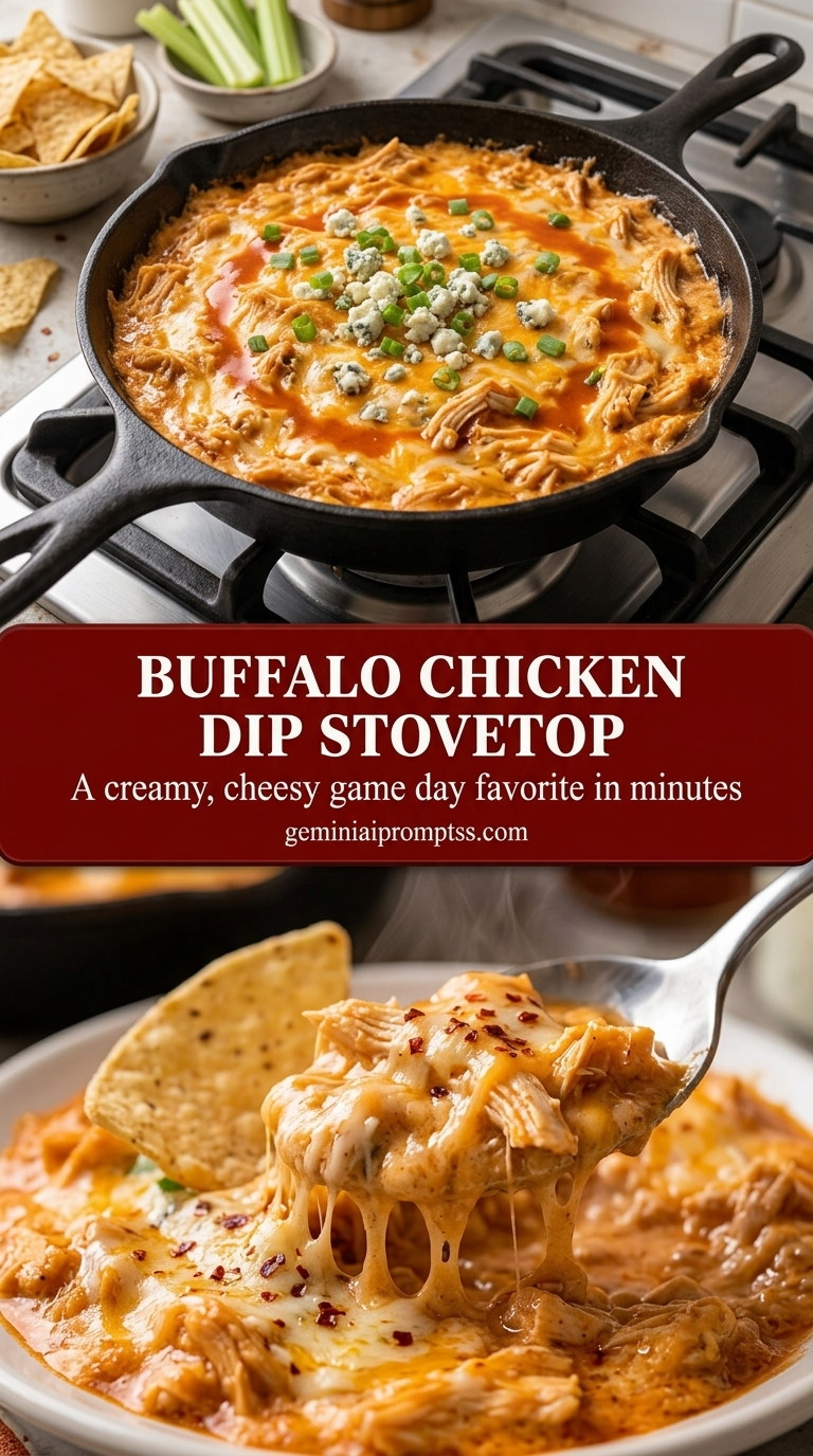 Buffalo chicken dip stovetop with creamy cayenne sauce chicken dip, melted white cheddar, and parsley