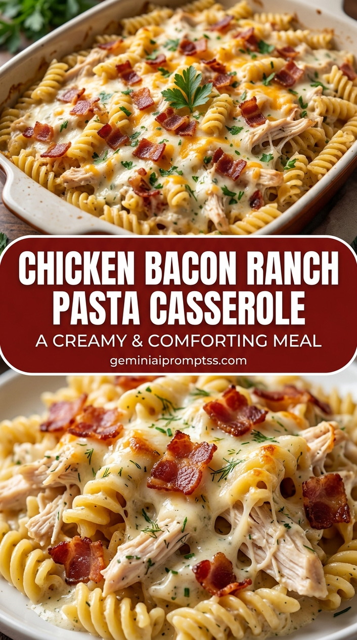 Chicken bacon ranch pasta casserole with bite-size chicken pieces with browned edges, glossy sauce, and fresh garnish