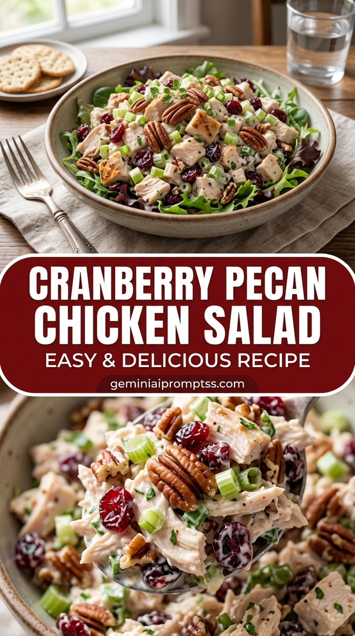 Cranberry pecan chicken salad with bite-size chicken pieces with browned edges, glossy sauce, and fresh garnish