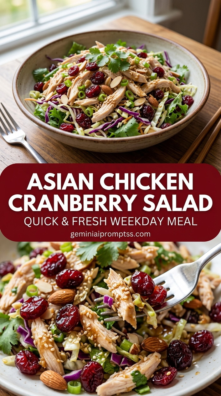 Asian chicken cranberry salad with bite-size chicken pieces with browned edges, glossy sauce, and fresh garnish