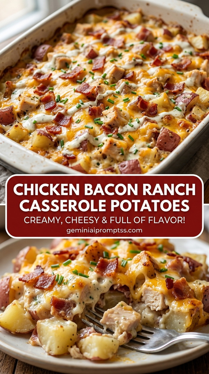 Chicken bacon ranch casserole potatoes with bite-size chicken pieces with browned edges, glossy sauce, and fresh garnish