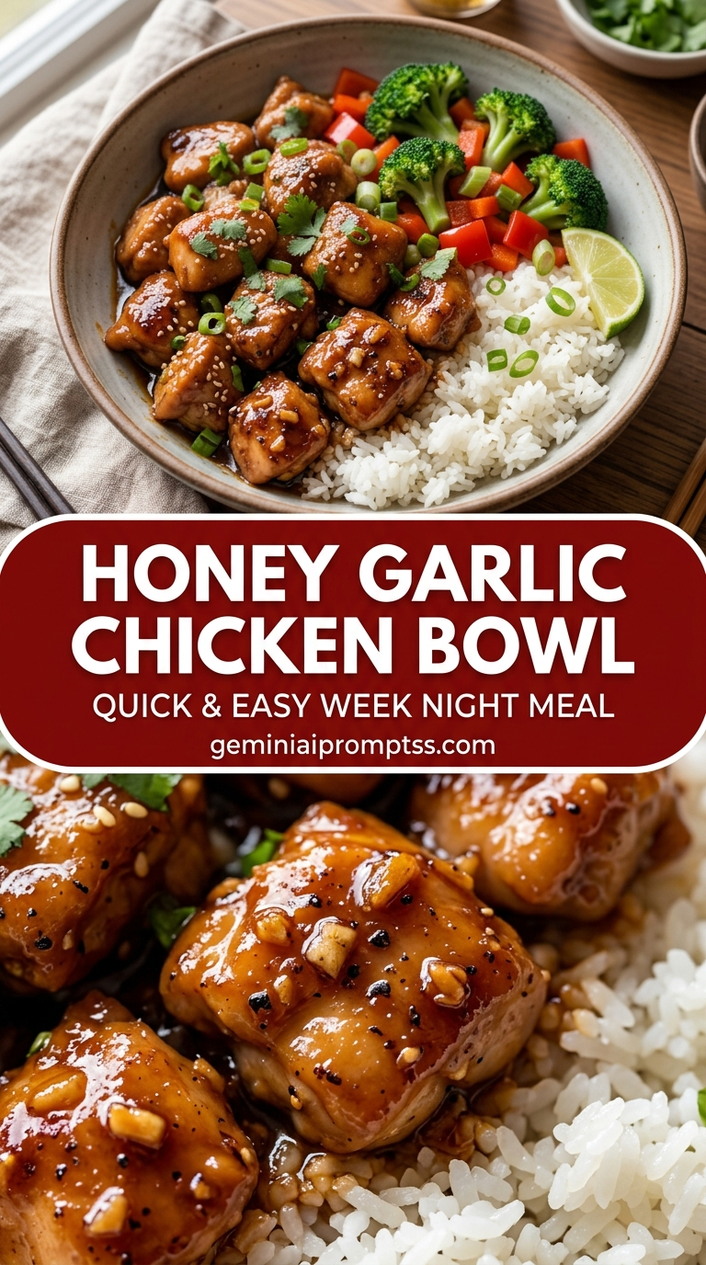 Honey garlic chicken bowl with bite-size chicken pieces with browned edges, glossy sauce, and fresh garnish