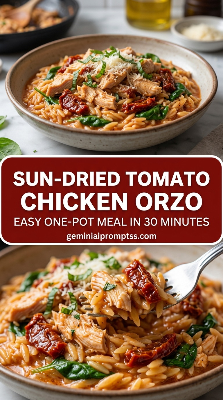Sun-dried tomato chicken orzo with tender chicken and savory tomato pan sauce