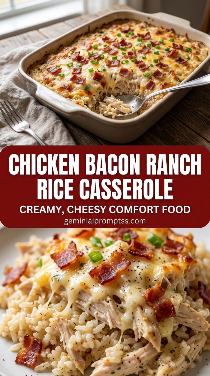 Chicken bacon ranch rice casserole with bite-size chicken pieces with browned edges, glossy sauce, and fresh garnish