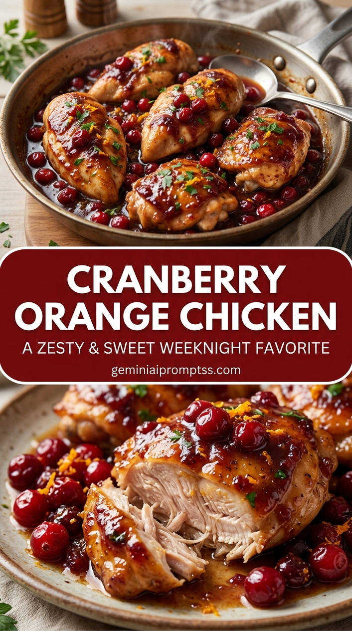 Cranberry orange chicken with bite-size chicken pieces with browned edges, glossy sauce, and fresh garnish