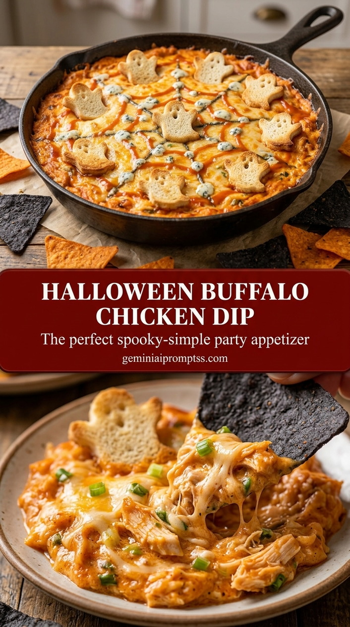 Halloween buffalo chicken dip with creamy buffalo sauce chicken dip, melted orange cheddar, and olive spiderwebs