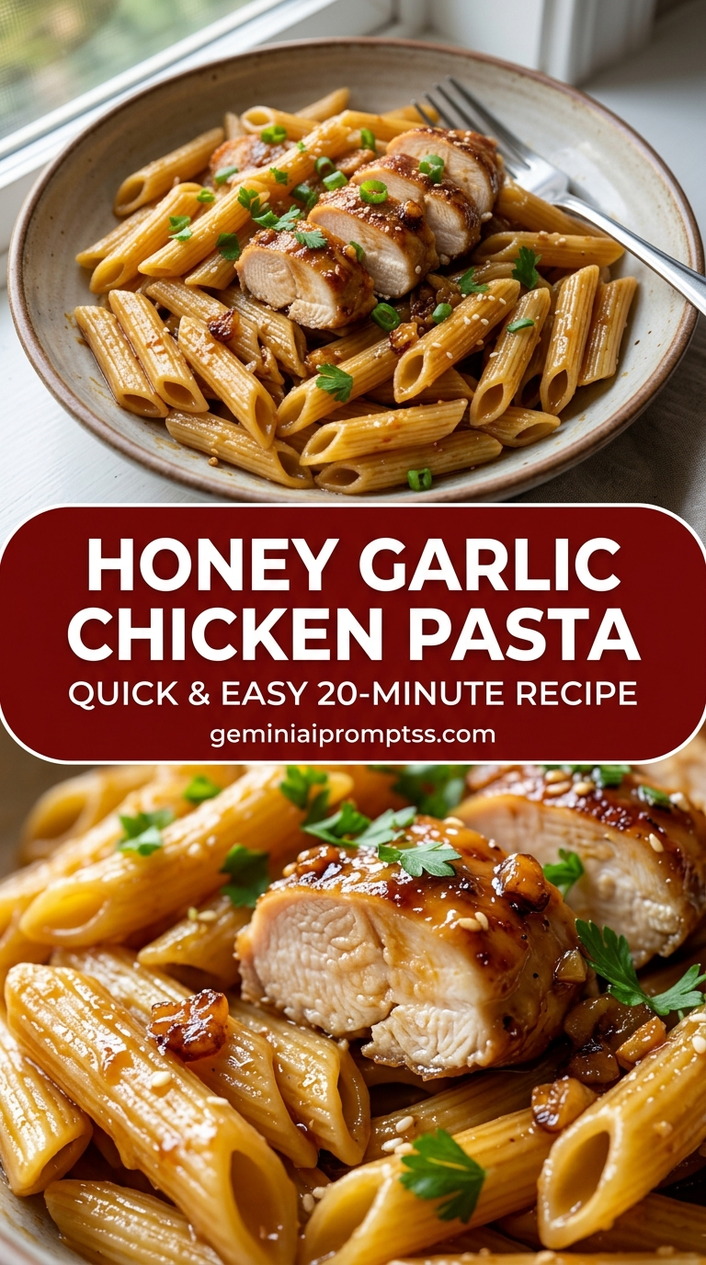 Honey garlic chicken pasta with bite-size chicken pieces with browned edges, glossy sauce, and fresh garnish