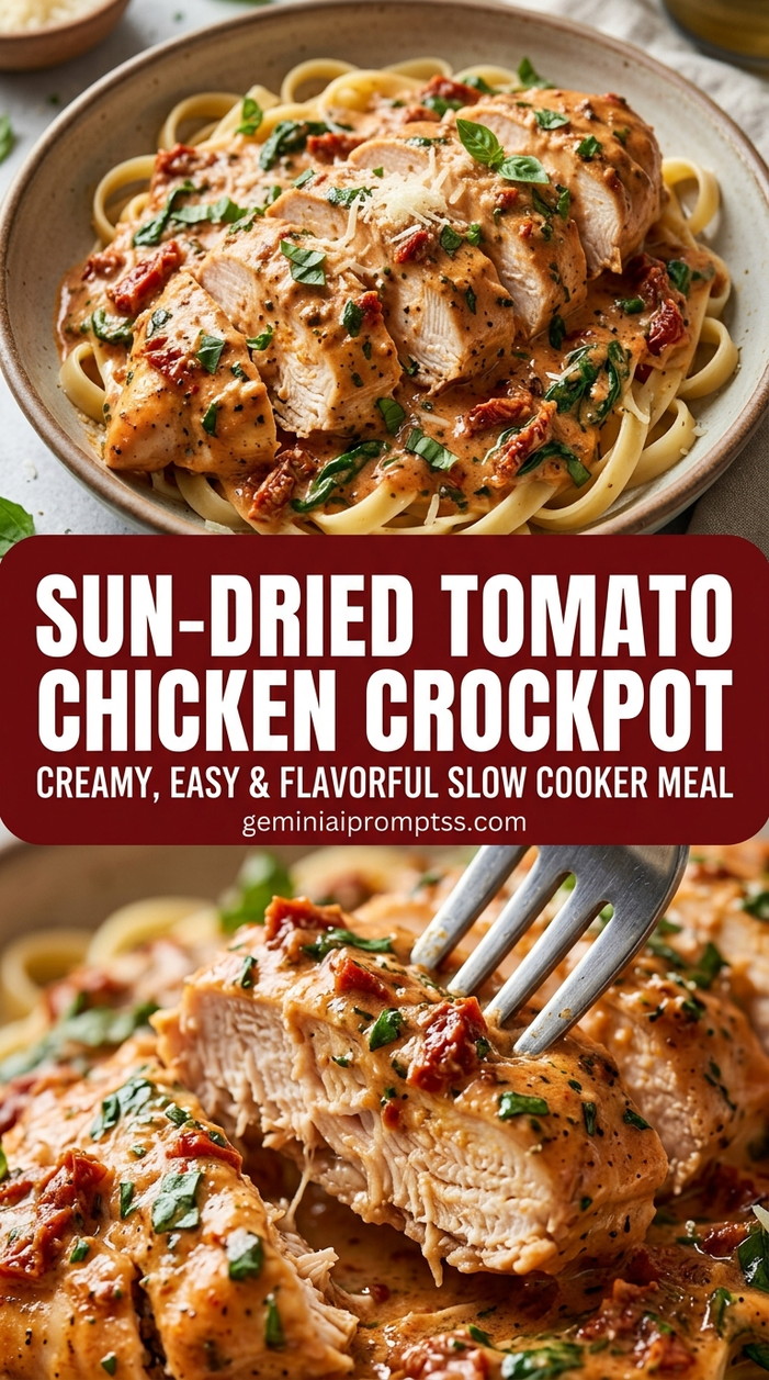 Sun-dried tomato chicken crockpot with tender chicken and savory tomato pan sauce