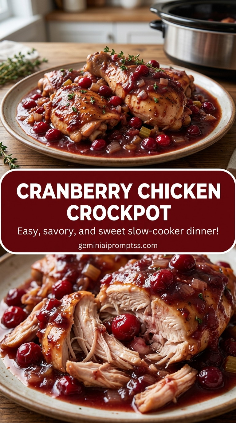 Cranberry chicken crockpot with bite-size chicken pieces with browned edges, glossy sauce, and fresh garnish