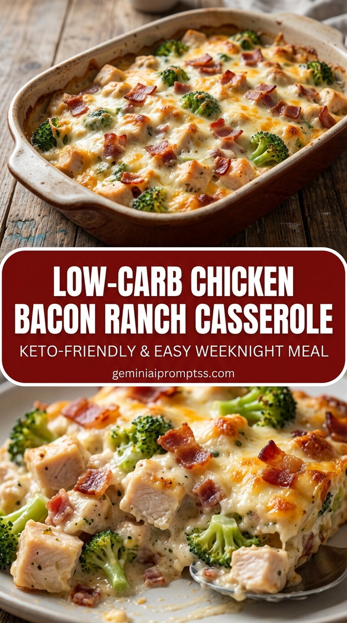 Low-carb chicken bacon ranch casserole with bite-size chicken pieces with browned edges, glossy sauce, and fresh garnish