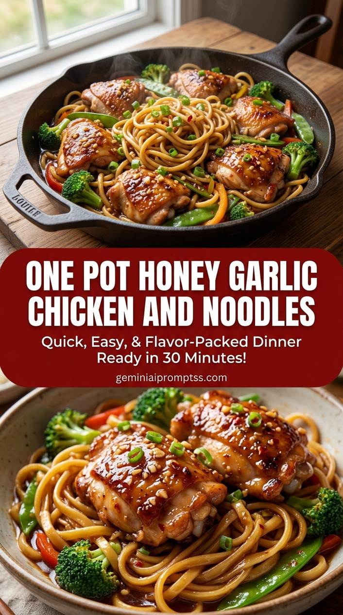 One pot honey garlic chicken and noodles with bite-size chicken pieces with browned edges, glossy sauce, and fresh garnish