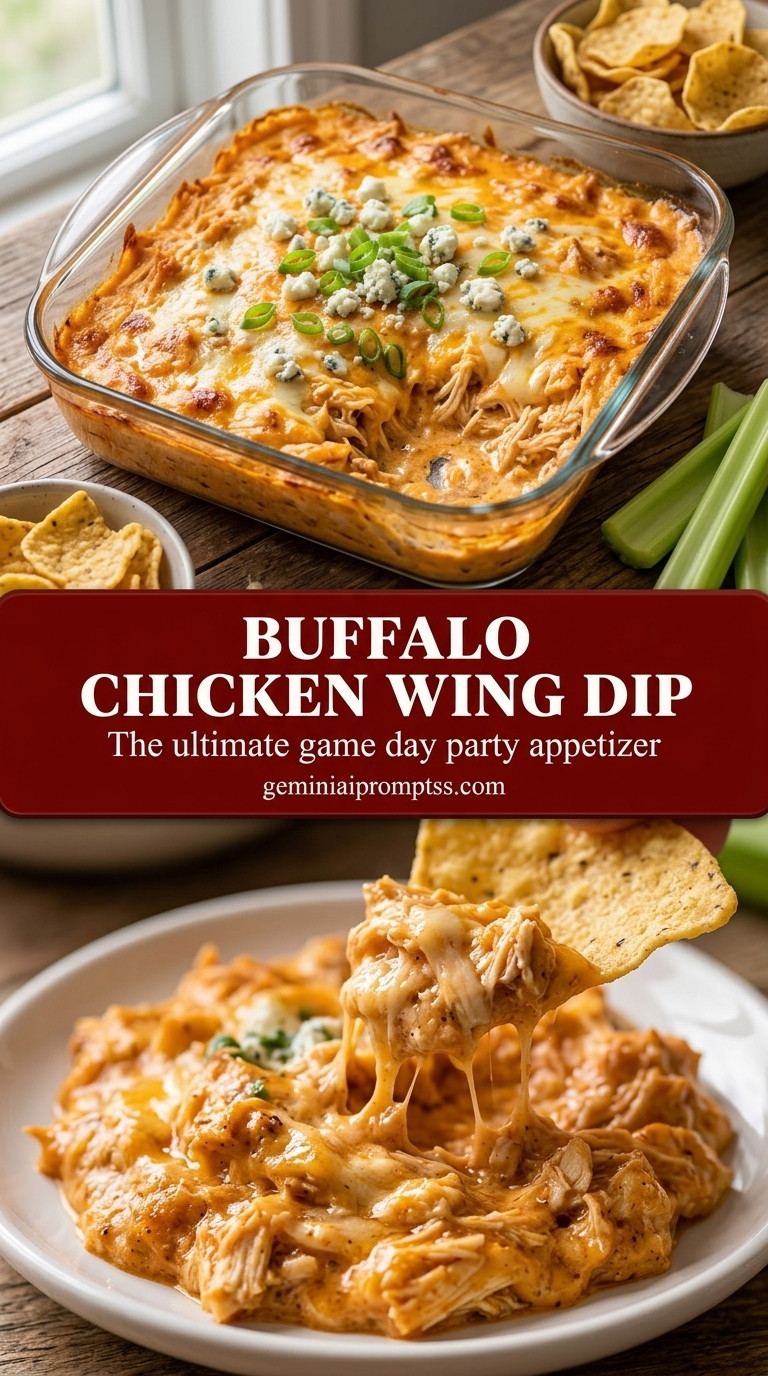 Buffalo chicken wing dip with creamy wing sauce chicken dip, melted blue cheese, and celery leaves