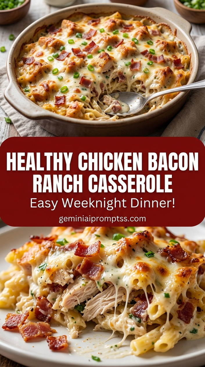 Healthy chicken bacon ranch casserole with bite-size chicken pieces with browned edges, glossy sauce, and fresh garnish
