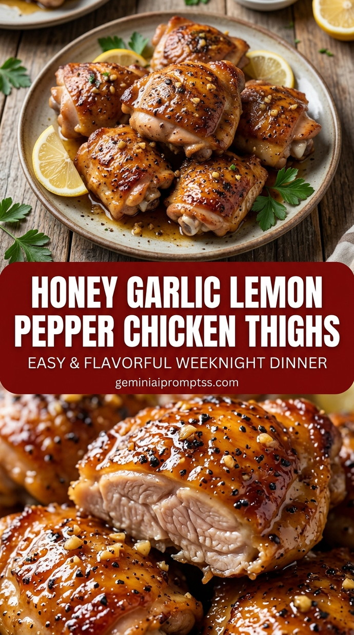 Honey garlic lemon pepper chicken thighs with chicken thighs that stay juicy while the edges brown, glossy sauce, and fresh garnish