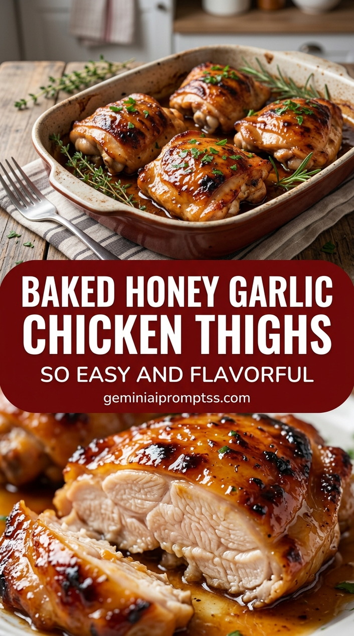 Baked honey garlic chicken thighs with chicken thighs that stay juicy while the edges brown, glossy sauce, and fresh garnish