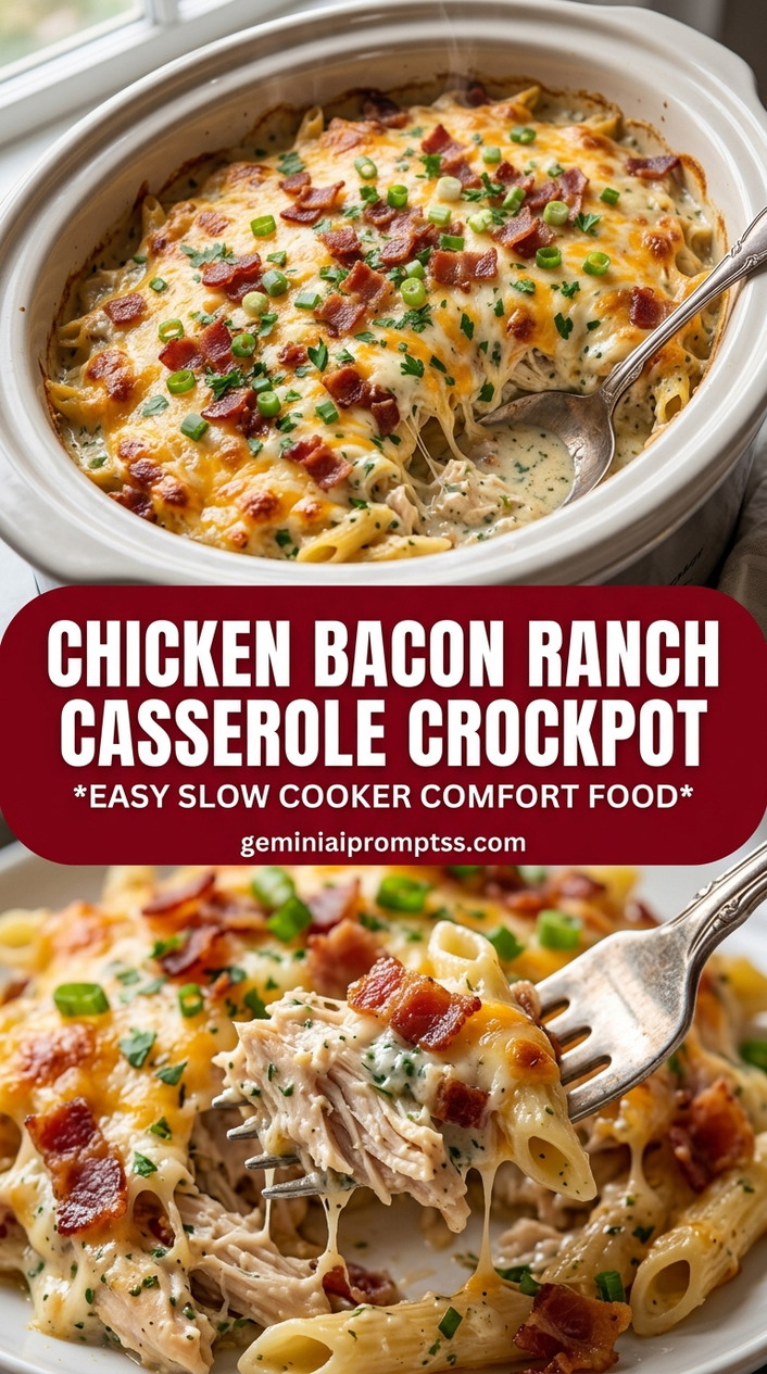 Chicken bacon ranch casserole crockpot with bite-size chicken pieces with browned edges, glossy sauce, and fresh garnish