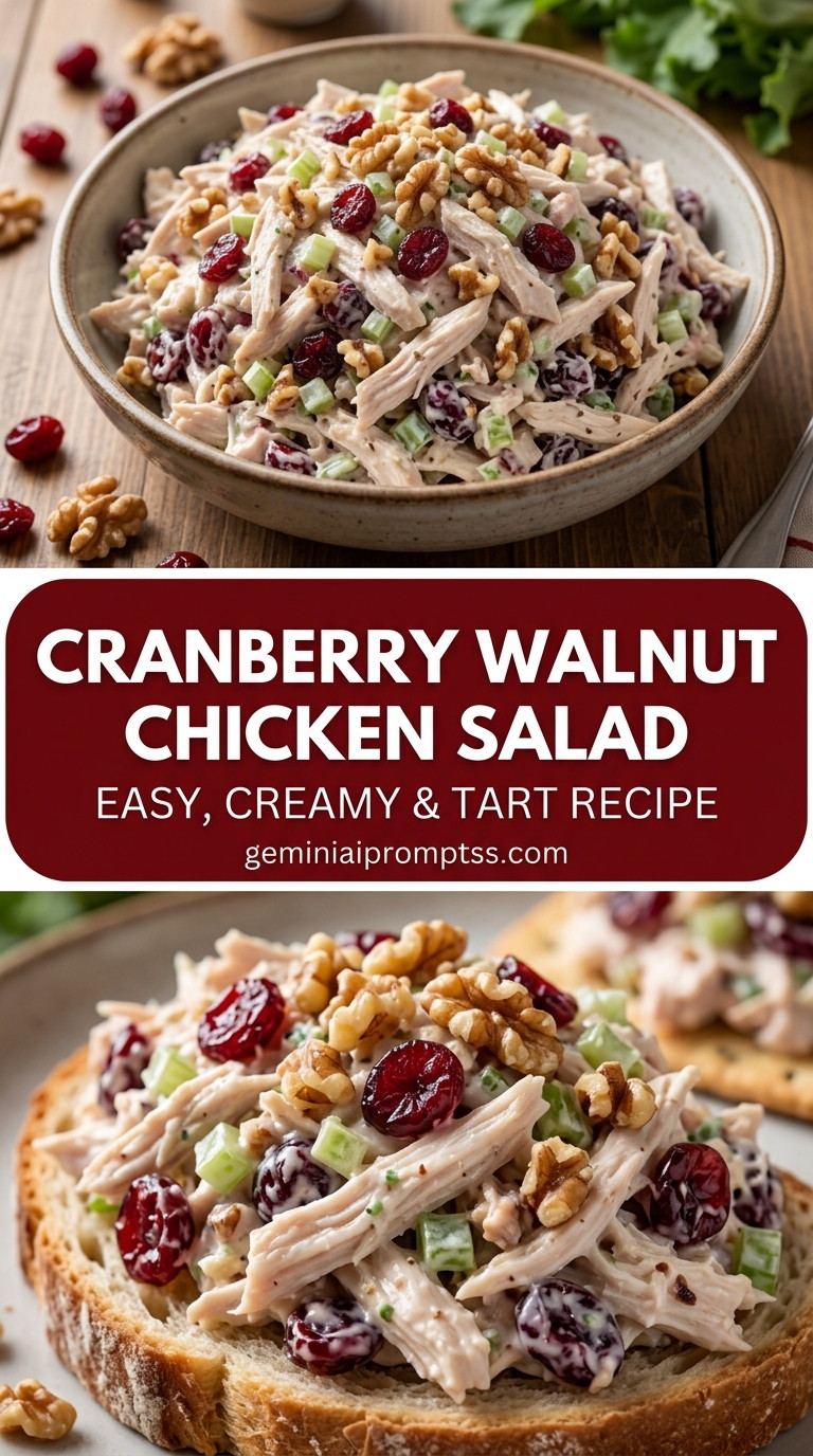 Cranberry walnut chicken salad with bite-size chicken pieces with browned edges, glossy sauce, and fresh garnish