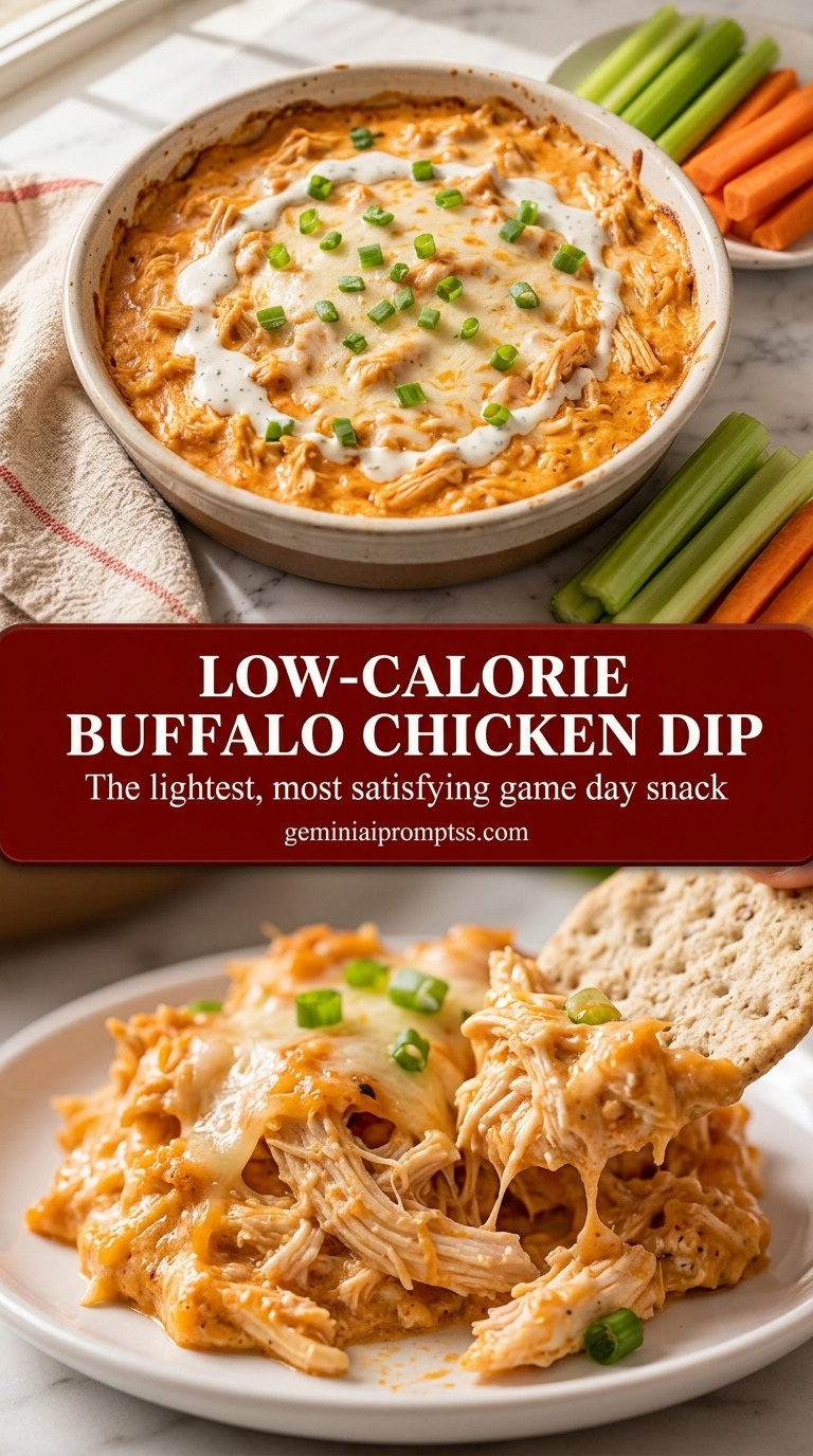 Low-calorie buffalo chicken dip with creamy mild hot sauce chicken dip, melted reduced-fat mozzarella, and green onion