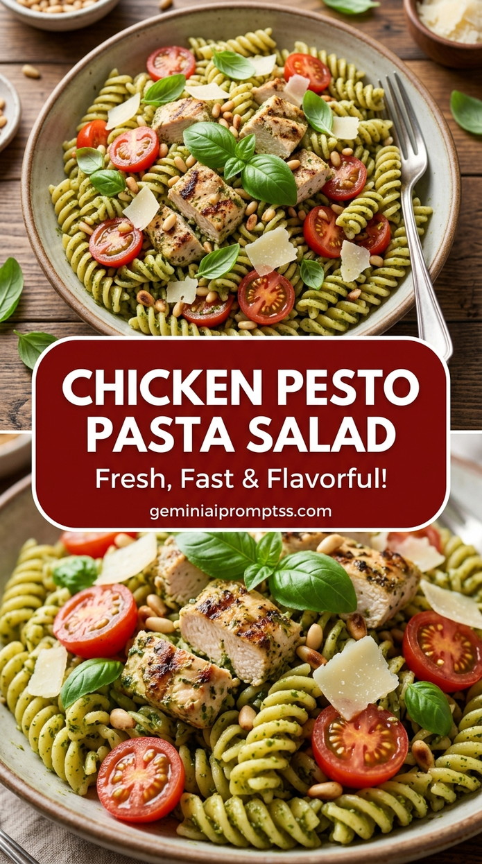 Chicken pesto pasta salad with tender chicken and bright basil pesto