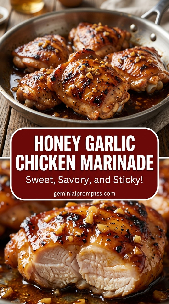 Honey garlic chicken marinade with bite-size chicken pieces with browned edges, glossy sauce, and fresh garnish