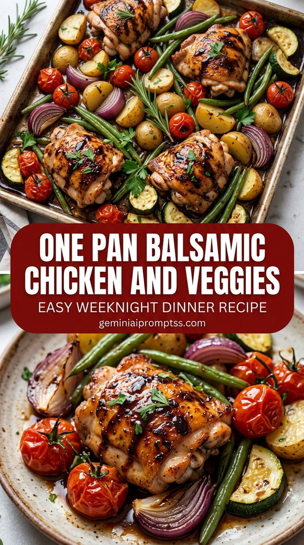 One pan balsamic chicken and veggies with bite-size chicken pieces with browned edges, glossy sauce, and fresh garnish